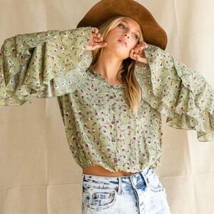 Bucket List Sage Green Micro Floral Top w/Bell Sleeves